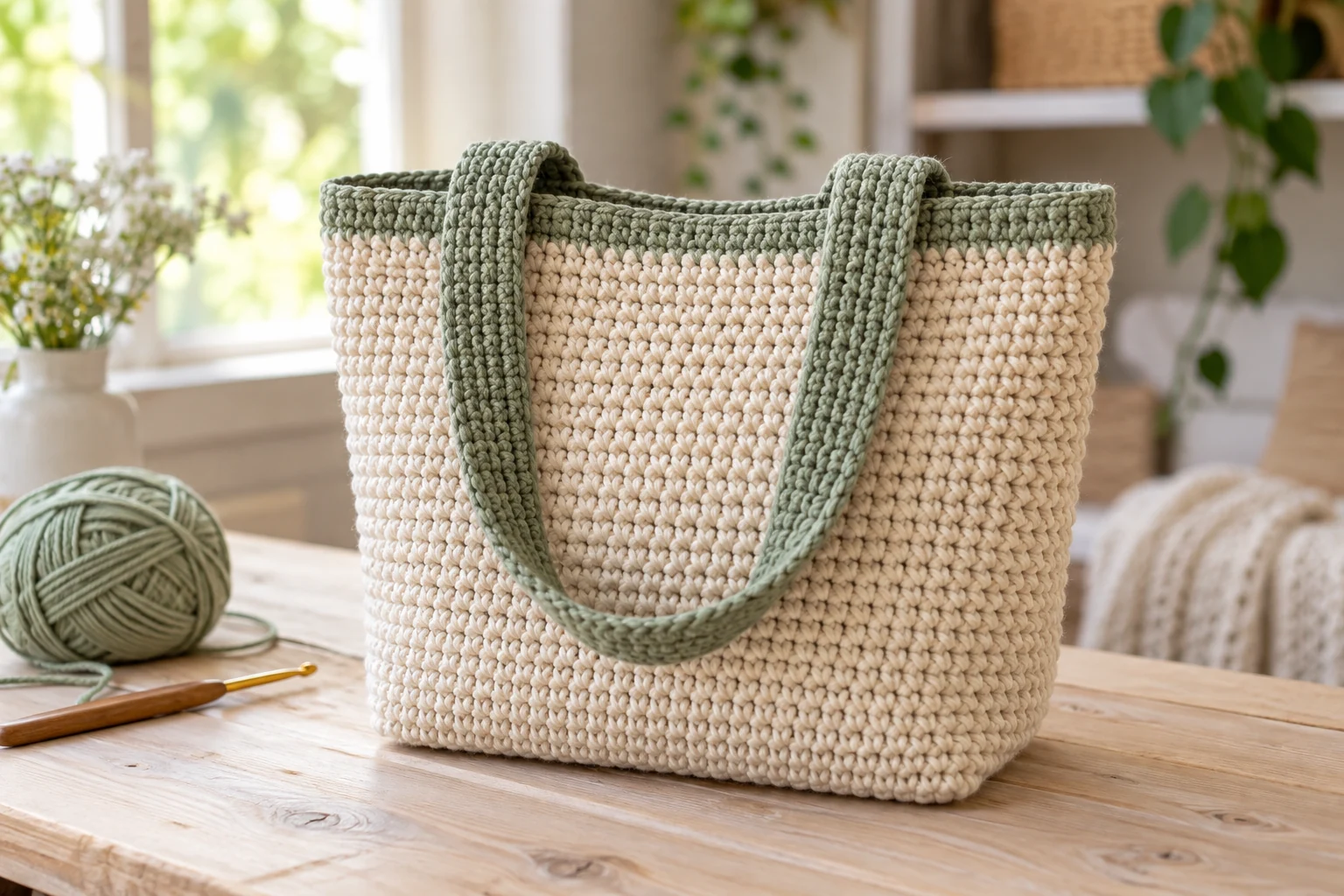 Simple cream and sage beginner crochet tote
