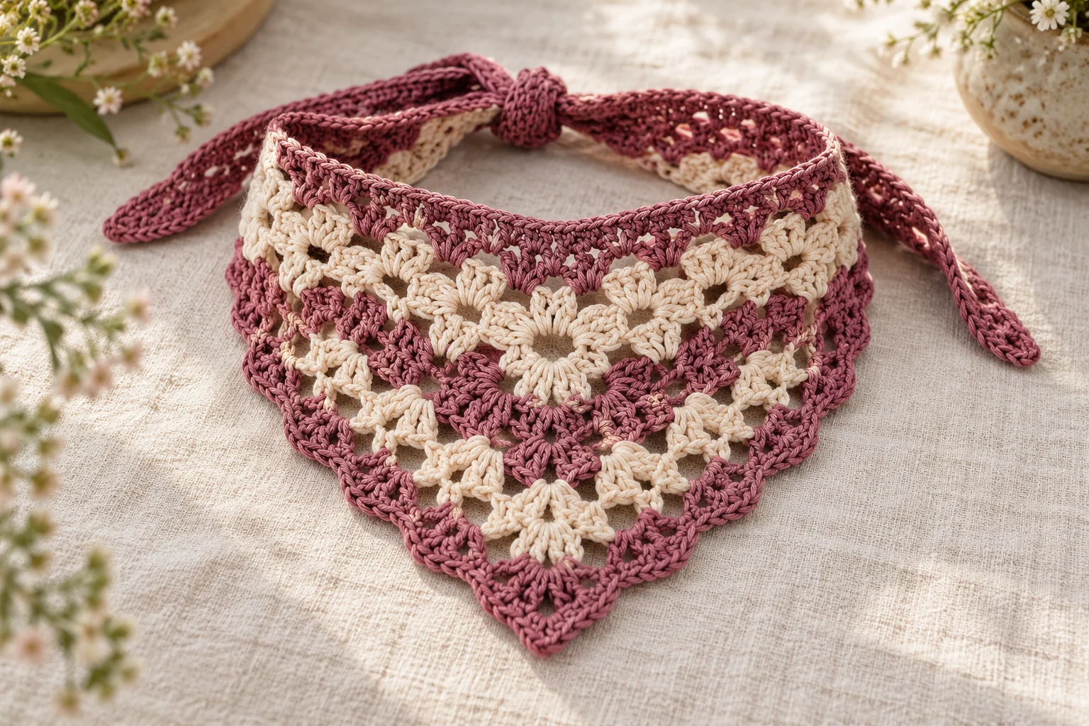 Dusty berry and cream crochet bandana