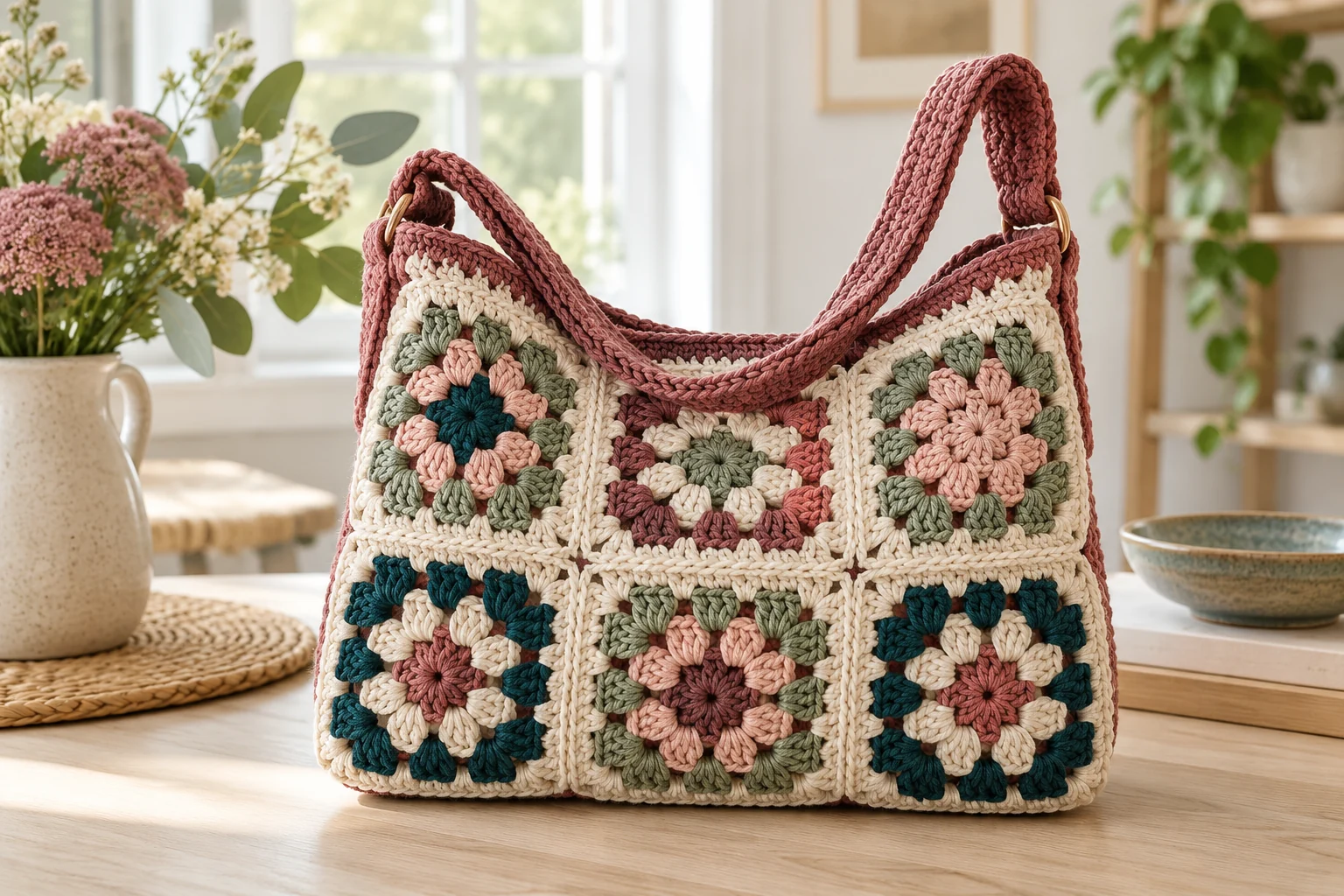 Colorful handmade granny square crochet shoulder bag