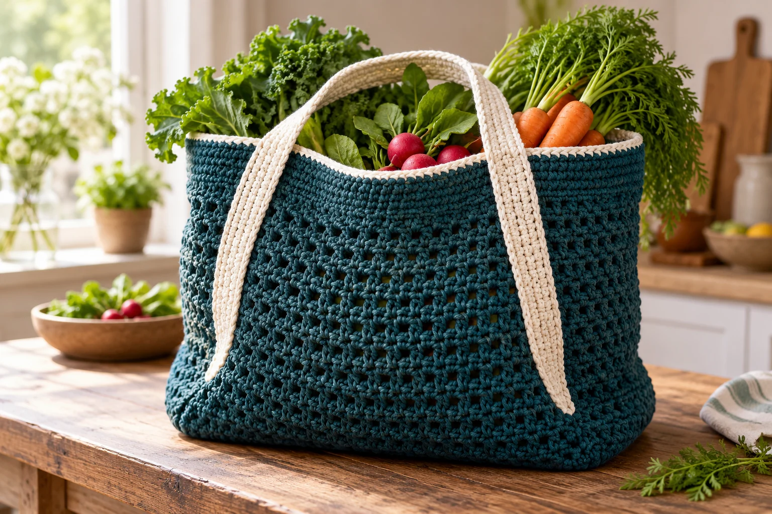 Deep blue-green crochet market bag filled with vegetables