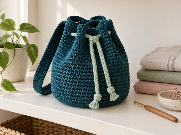 Deep blue-green round crochet drawstring bag with pale mint cord