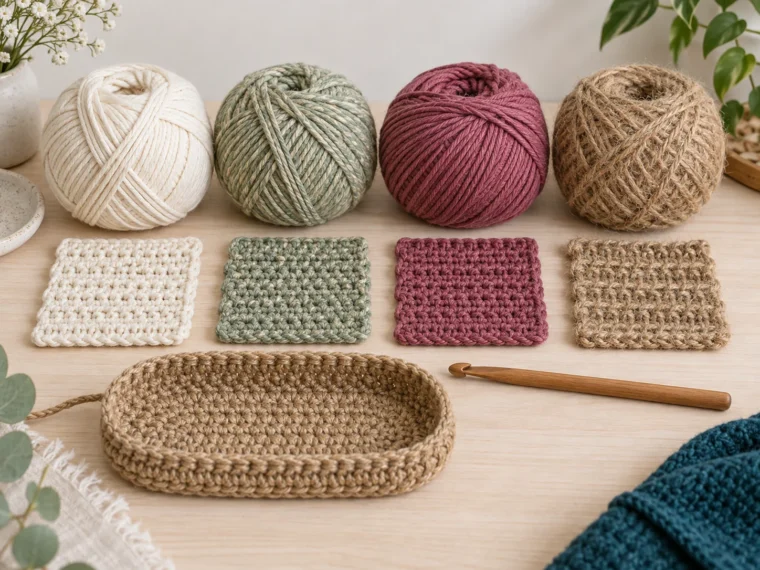 Cotton, cotton blend, acrylic and jute yarn with matching crochet swatches