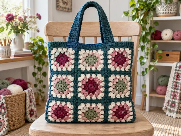 Classic granny square tote in berry, blush, sage, cream and blue-green