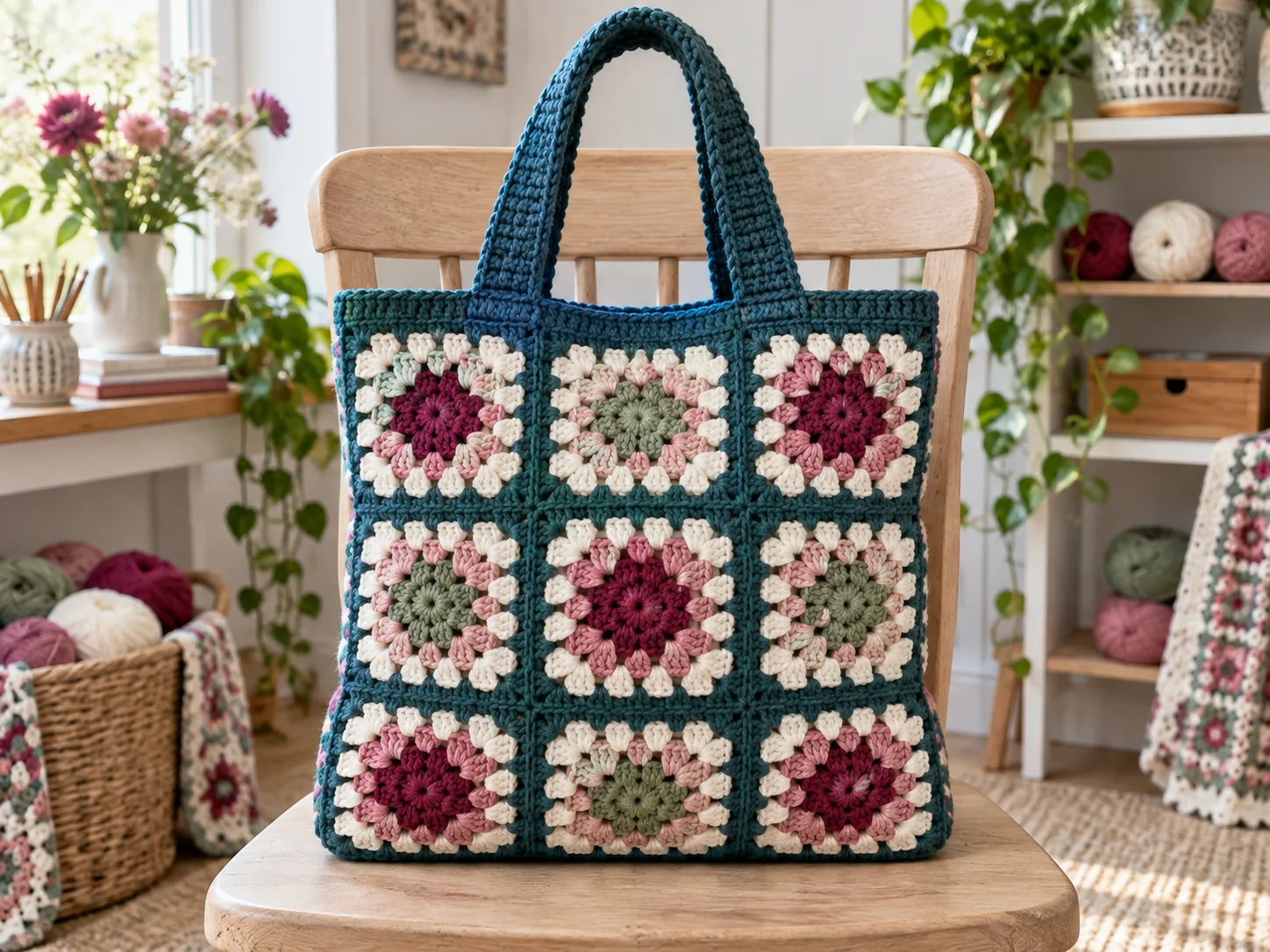 Classic granny square tote in berry, blush, sage, cream and blue-green