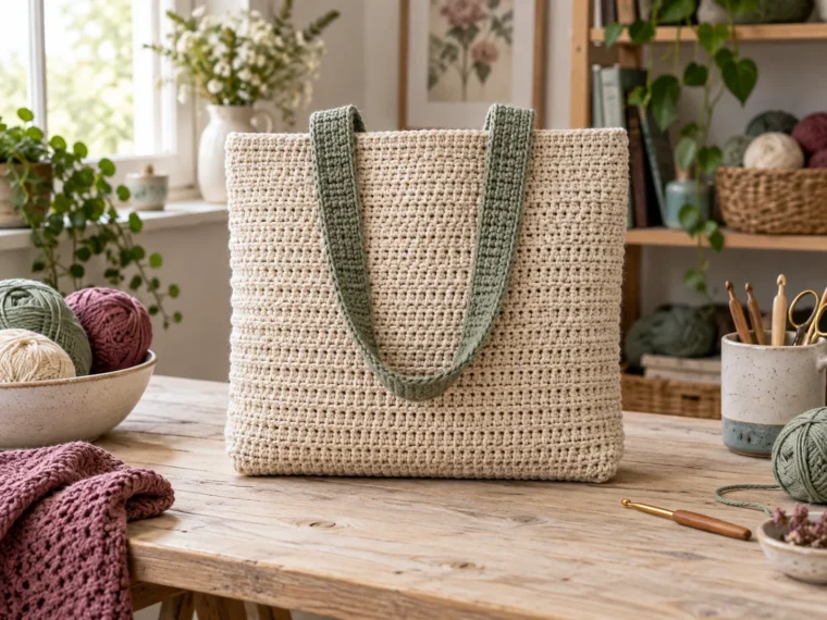 Oatmeal crochet tote with muted sage handles on a wooden craft table