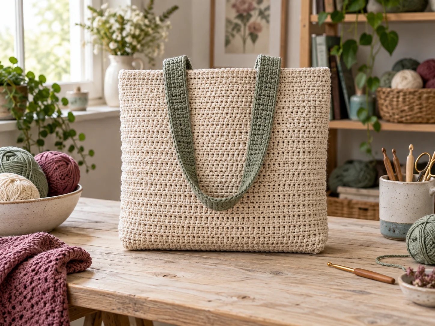 Oatmeal crochet tote with muted sage handles on a wooden craft table
