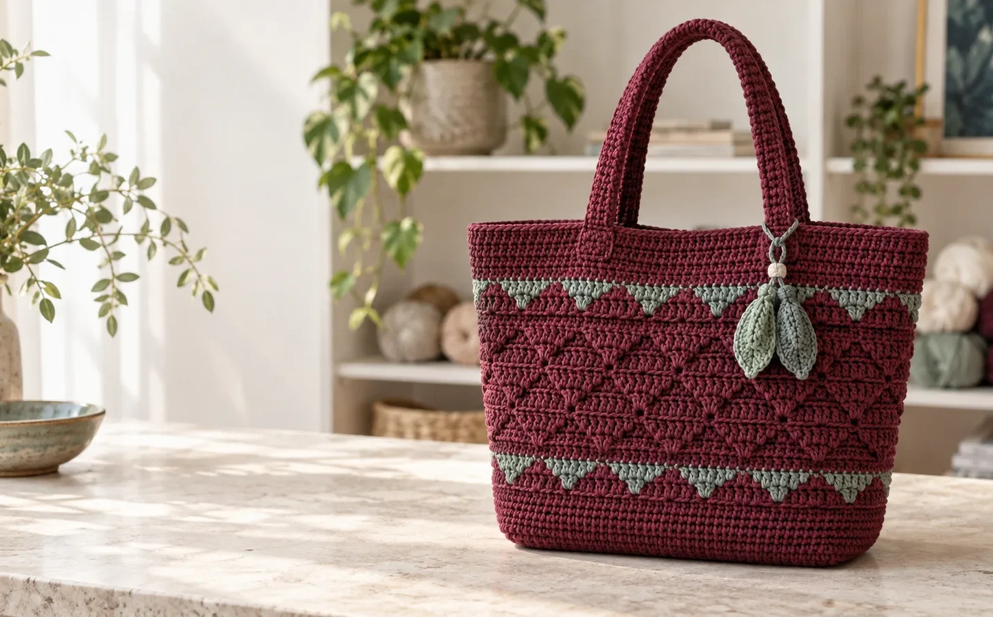 Dusty berry crochet tote with sage stitch details in a bright craft studio