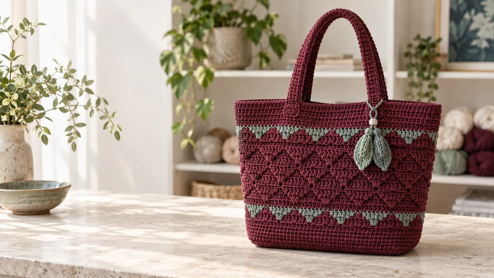 A finished berry crochet tote displayed in a bright craft space