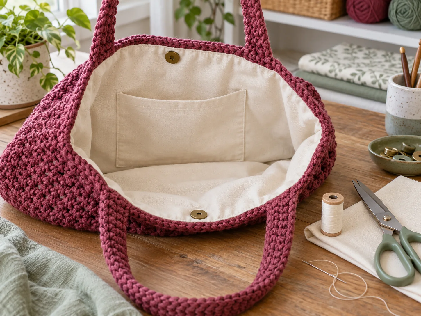 Berry crochet tote opened to show a cream fabric lining and pocket