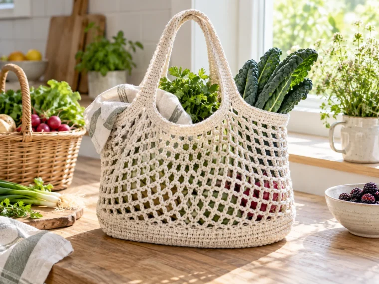 Natural cotton mesh crochet market bag holding vegetables