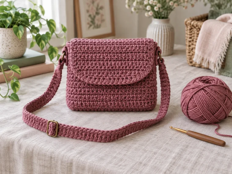 Dusty berry crochet crossbody mini bag with flap and adjustable strap