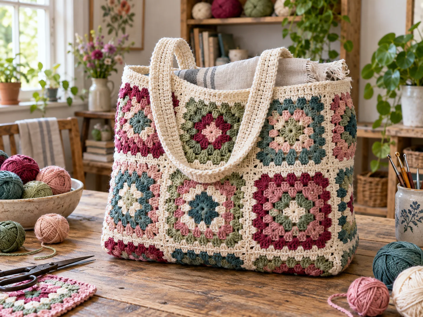 Large scrap yarn granny square market bag in berry, sage, blush and blue-green