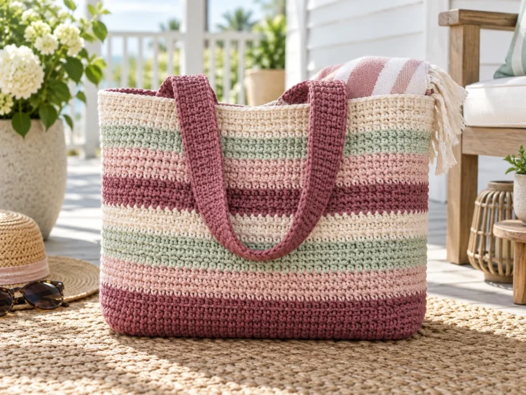 Striped crochet beach tote in berry, blush, mint and cream