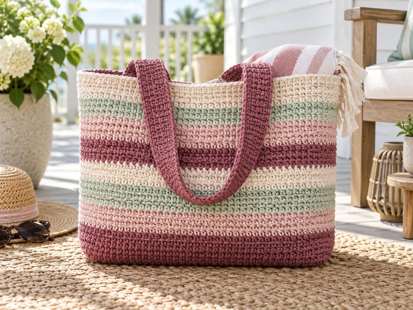 Striped crochet beach tote in berry, blush, mint and cream