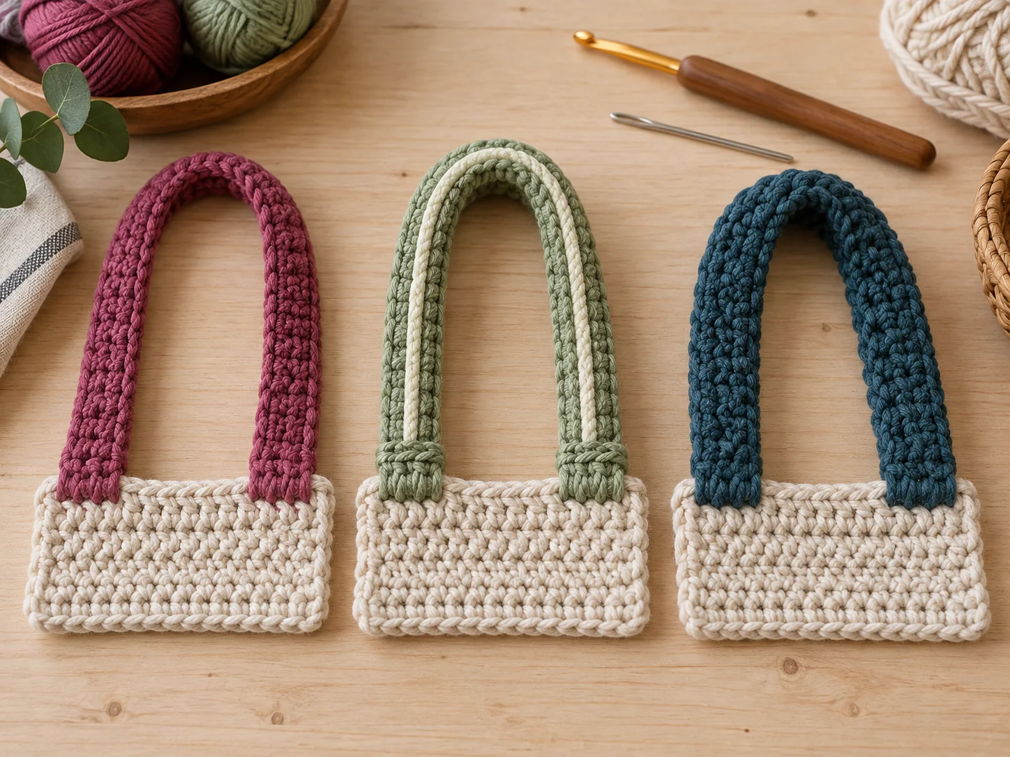 Three crochet bag handle samples in berry, sage and blue-green
