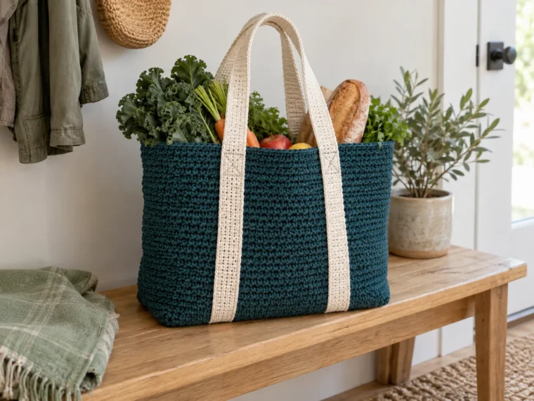 Deep blue-green sturdy crochet grocery tote with cream reinforced straps