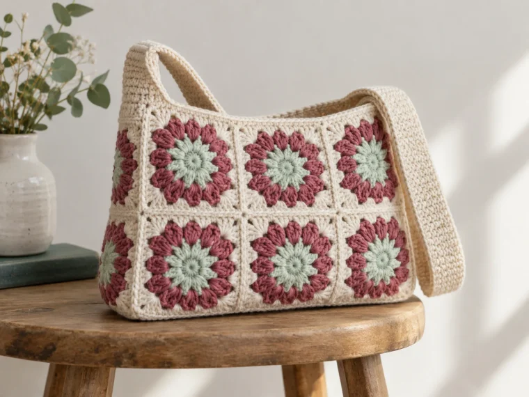 Cream shoulder bag made from mint and dusty berry sunburst granny squares