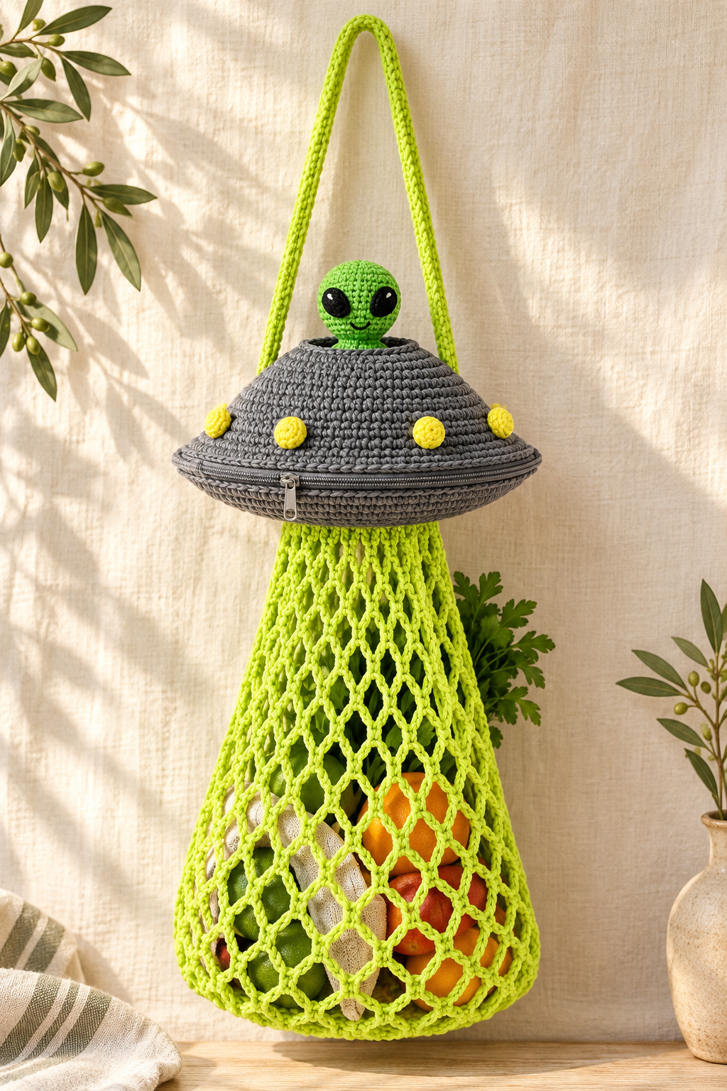 Alien UFO Foldable Mesh Bag: Free Crochet Pattern – Crochet Bag Idea