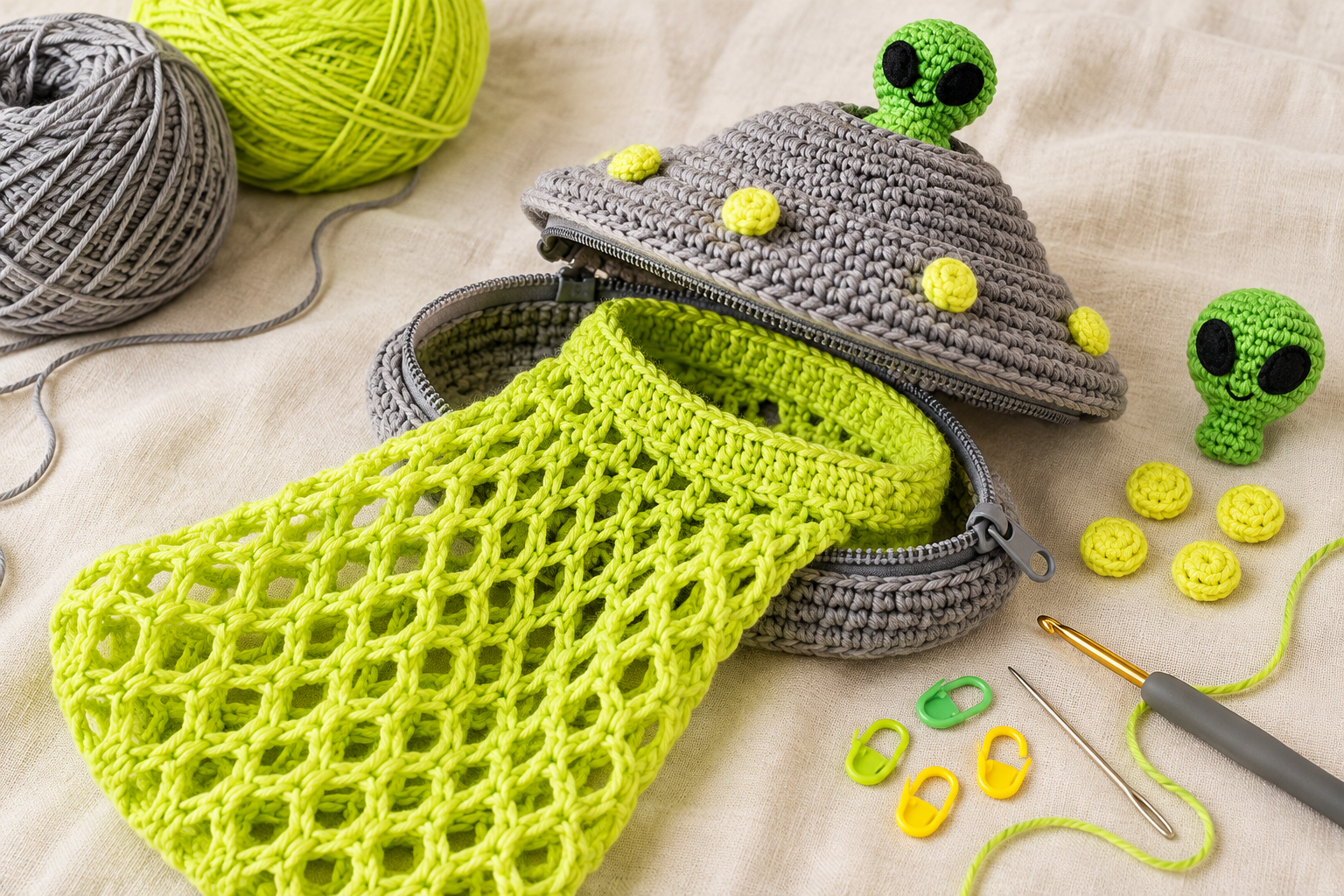 Alien UFO Foldable Mesh Bag: Free Crochet Pattern – Crochet Bag Idea