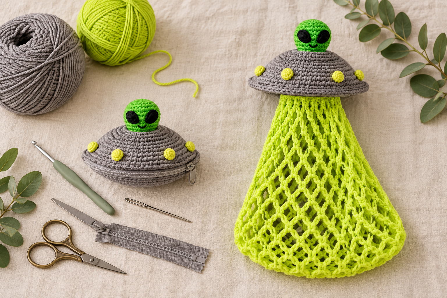 Alien UFO Foldable Mesh Bag: Free Crochet Pattern – Crochet Bag Idea